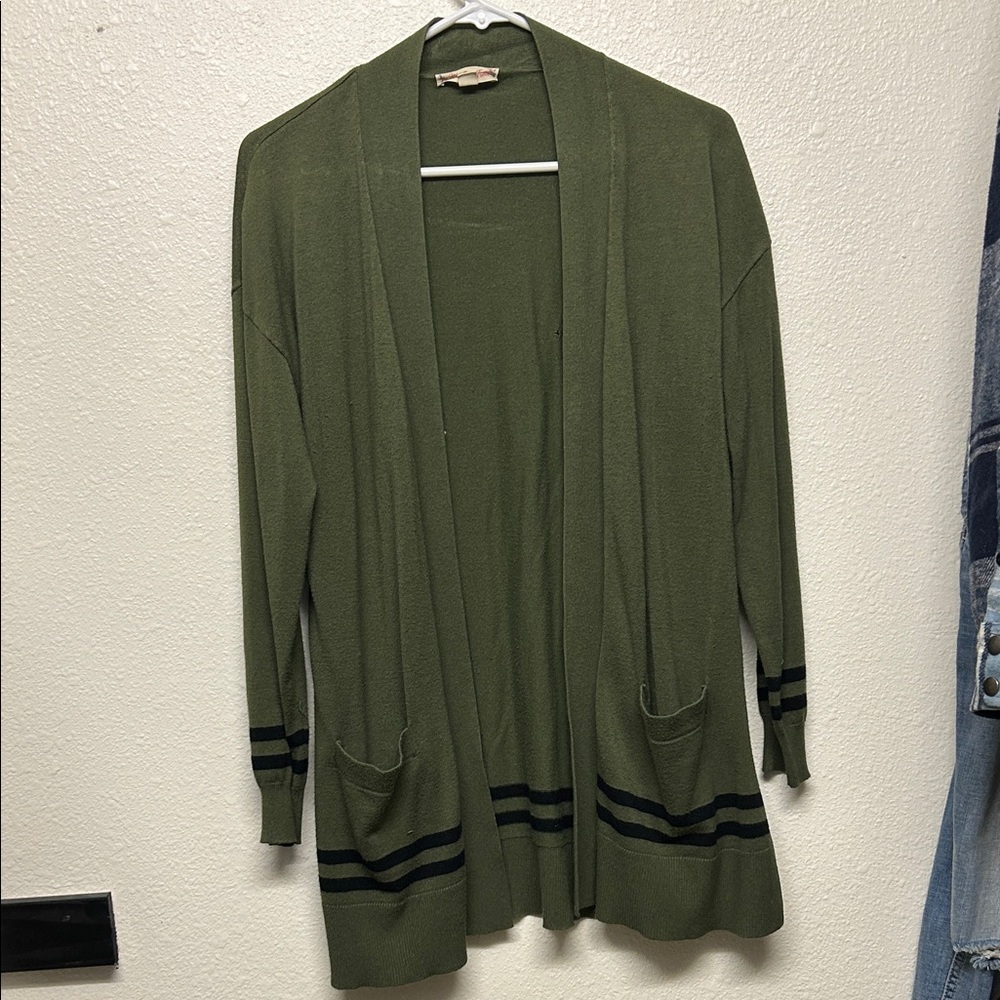 It's Our Time Olive Cardigan with Striped Detail